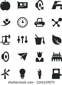Solid Black Vector Icon Set - loudspeaker vector, silent mode, children's sand set, bulb, faucet mixer, apple, working oil derrick, leaf, wind energy, industrial factory, wall watch, pc card, king