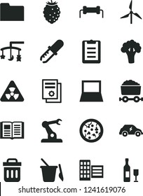 Solid Black Vector Icon Set - toys over the cradle vector, children's sand set, city block, book, pizza, tasty raspberry, broccoli, windmill, electric transport, assembly robot, trolley with coal