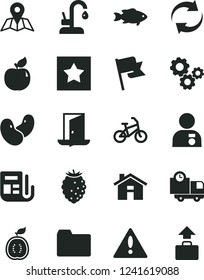 Solid Black Vector Icon Set - house vector, warning, folder, renewal, kitchen faucet, map, flag, delivery, fish, apricot, tasty raspberry, half of guawa, beans, gears, morning paper, man with medal