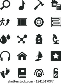 Solid Black Vector Icon Set - footprints vector, house, window frame, estimate, heating coil, hammer with claw, headphones, drop, note, microscope, molecule, zoom, bactery, book, man arrow up, star