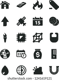 Solid Black Vector Icon Set - house vector, upward direction, remove label, bib, calendar, drop, biscuit, smd, planet, money, cashbox, pc tower, schedule clock, satellite, flame, earth core, 3d cube