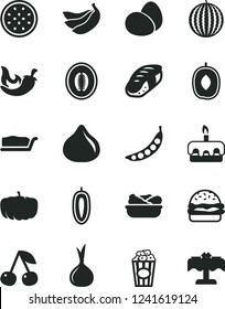 Solid Black Vector Icon Set - eggs vector, burger, cake slice, torte, lettuce in a plate, chili, sushi, cup of popcorn, cherry, fig, water melon, delicious plum, half, sweet date fruit, bananas