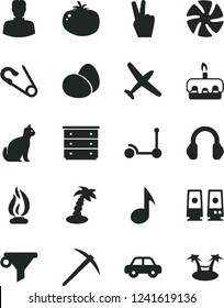 Solid Black Vector Icon Set - chest of drawers vector, open pin, motor vehicle, Kick scooter, eggs, torte, tomato, water filter, woman, fan, headphones, pc speaker, note, flame, mine axe, plane
