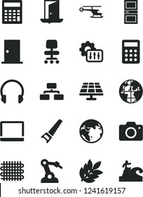 Solid Black Vector Icon Set - camera vector, calculator, hand saw, ntrance door, interroom, headphones, flowchart, solar panel, weaving, robot welder, planet, notebook pc, chair, settings, biology