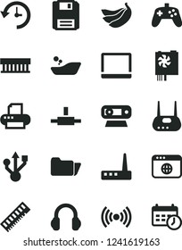 Solid Black Vector Icon Set - children's bathroom vector, bananas, notebook pc, radiator fan, power supply, memory, web camera, usb, router, printer, headphones, browser, folder, connect, floppy