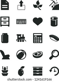 Solid Black Vector Icon Set - heart symbol vector, scribbled paper, storage unit, car child seat, baby bath ball, toy train, nightstand, move up, bacon, japanese sushi, mint, sour lime, coal mining