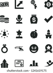 Solid Black Vector Icon Set - check mark vector, growth chart, coins, money, star reward, man hold world, arrows, flag on moon, ribbon, certificate, diamond ring, dollar gear, microphone, eyes