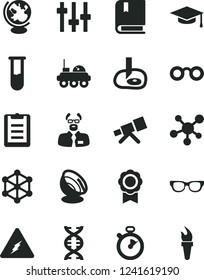 Solid Black Vector Icon Set - vector e, test tube, telescope, molecule, electricity, glasses, dna, settings, globe, scientist, graduate hat, clipboard, artifical insimination, medal, lunar rover