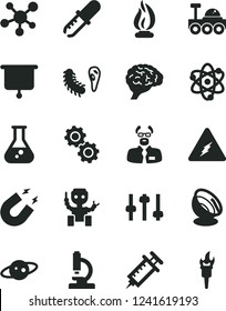 Solid Black Vector Icon Set - flask vector, microscope, molecule, electricity, atom, brain, gears, settings, bactery, pipette, magnet, flame, scientist, robot, satellite antenna, saturn, lunar rover