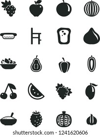 Solid Black Vector Icon Set - a chair for feeding vector, mini hot dog, bowl of rice porridge, plate fruit, orange slice, sandwich, cherry, half pomegranate, grape, branch, red apple, fig, mango