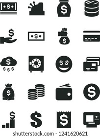 Solid Black Vector Icon Set - bank card vector, dollar, strongbox, cards, coins, column of, financial item, get a wage, wallet, money, dollars, cash, cashbox, bag hand, rain, pedestal, eyes, atm