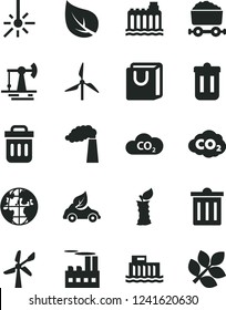 Solid Black Vector Icon Set - bin vector, bag with handles, apple stub, working oil derrick, leaf, windmill, wind energy, manufacture, hydroelectric station, hydroelectricity, industrial building