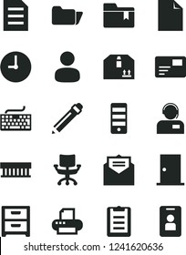Solid Black Vector Icon Set - graphite pencil vector, keyboard, clean sheet of paper, folder bookmark, ntrance door, wall clock, received letter, nightstand, pass card, cardboard box, operator, man
