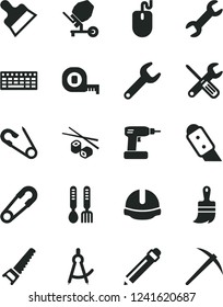 Solid Black Vector Icon Set - graphite pencil vector, safety pin, open, iron fork spoons, concrete mixer, small tools, cordless drill, hand saw, measuring tape, wooden paint brush, putty knife