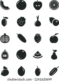 Solid Black Vector Icon Set - cucumber vector, blueberries, strawberries, pear, orange, ripe peach, half pomegranate, tasty apple, raspberry, mulberry, slice of melon, loquat, lemon, yellow, lime