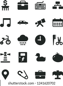 Solid Black Vector Icon Set - briefcase vector, keyboard, open pin, rubber duck, accessories for a hairstyle, cloud, child bicycle, portfolio, dangers, wall clock, flowchart, tomato, lighthouse