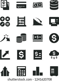 Solid Black Vector Icon Set - bank card vector, bar chart, growth, abacus, coins, math actions, column of, recession, a crisis, dollar, article on the, financial item, cash, statistical research