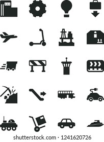 Solid Black Vector Icon Set - truck lorry vector, motor vehicle, child Kick scooter, traffic signal, cardboard box, shipment, sea port, coal mining, modern gas station, conveyor, electric car, bus