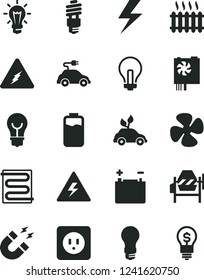 Solid Black Vector Icon Set - lightning vector, danger of electricity, incandescent lamp, concrete mixer, power socket type b, heating coil, bulb, fan screw, charge level, accumulator, light, magnet