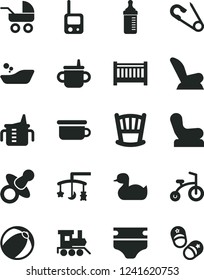 Solid Black Vector Icon Set - cradle vector, baby cot, toys over the, dummy, mug for feeding, measuring cup, bottle, diaper, chair, car child seat, carriage, open pin, rubber duck, bath ball, potty