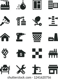 Solid Black Vector Icon Set - wicker pot vector, tower crane, house, hook, big core, concrete mixer, window, small tools, cordless drill, paint roller, city block, tile, industrial building, store