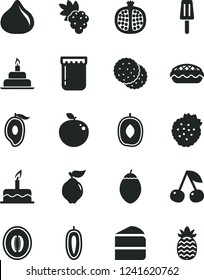 Solid Black Vector Icon Set - cake vector, birthday, piece of, apple pie, popsicle, jam, strawberries, biscuit, cherry, half pomegranate, grape, quince, fig, mango, delicious plum, melon, tamarillo