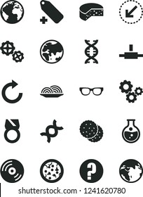 Solid Black Vector Icon Set - sign of the planet vector, clockwise, add label, question, gears, left bottom arrow, CD, cheese, pizza, onion, biscuit, round flask, connect, glasses, dna, gold ring