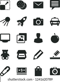 Solid Black Vector Icon Set - image of thought vector, camera, safety pin, small teddy bear, drawing, envelope, picture, car, artificial satellite, expand, biscuit, tasty plum, woman, pencil, cash