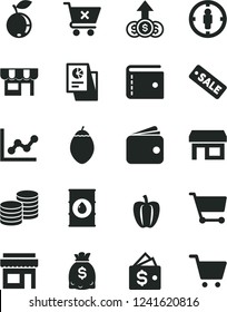 Solid Black Vector Icon Set - purse vector, graph, crossed cart, kiosk, coins, blueberry, tamarillo, Bell pepper, oil, stall, goal woman, wallet, dollars, statistical research, season sale, store