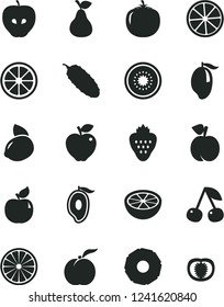 Solid Black Vector Icon Set - cucumber vector, strawberry, pear, cherry, peach, ripe, apricot, red apple, tasty, mango, half of, yellow lemon, juicy, kiwi, orange, slice, pineapple, grapefruit