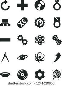 Solid Black Vector Icon Set - plus vector, minus, clockwise, tumbler, cogwheel, gear, CD, plate, scheme, ring diagram, atom, gears, drawing compass, saturn, diamond, gold, arrow up, disco ball