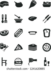 Solid Black Vector Icon Set - plates and spoons vector, a chair for feeding, iron fork, cheese, pizza, piece of, Hot Dog, mini, burger, noodles, lettuce in plate, chicken, grill leg, bacon, chop
