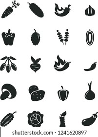 Solid Black Vector Icon Set - fried vegetables on sticks vector, porcini, cucumber, chili, peper, squash, mulberry, goji berry, sweet date fruit, apple stub, ripe pepper, red, hot, garlic, onion