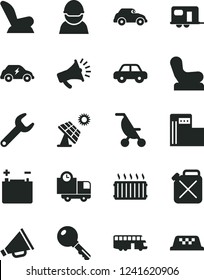 Solid Black Vector Icon Set - horn vector, Baby chair, car child seat, summer stroller, motor vehicle, key, delivery, big solar panel, modern gas station, accumulator, racer, canister, retro, repair