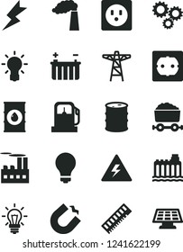 Solid Black Vector Icon Set - danger of electricity vector, matte light bulb, power socket type f, lightning, gas station, manufacture, oil, barrel, battery, hydroelectricity, pole, horseshoe magnet