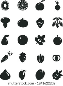 Solid Black Vector Icon Set - mushroom vector, cabbage, tomato, beet, strawberry, ripe peach, pear, raspberry, fig, mango, goji berry, delicious plum, tasty, half of orange, coconut, Bell pepper