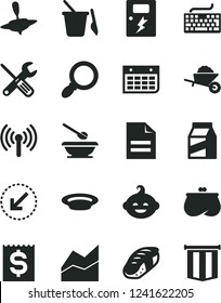 Solid Black Vector Icon Set - keyboard vector, scribbled paper, line chart, children's sand set, plates and spoons, funny hairdo, small yule, garden trolley, tools, dangers, left bottom arrow, plate