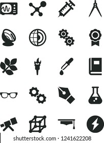 Solid Black Vector Icon Set - flask vector, telescope, molecule, glasses, gears, book, pipette, oscilloscope, graduate hat, drawing compass, earth core, medal, satellite antenna, biology, syringe