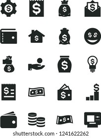 Solid Black Vector Icon Set - purse vector, coins, article on the dollar, financial item, catch a coin, wallet, money, dollars, bag hand, mortgage, pedestal, gear, idea, eyes, mail, atm