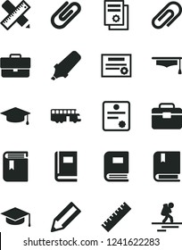 Solid Black Vector Icon Set - clip vector, briefcase, yardstick, book, e, portfolio, writing accessories, square academic hat, pencil, text highlighter, scientific publication, graduate, patente