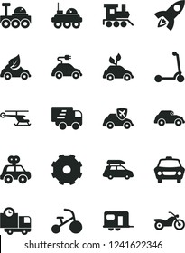 Solid Black Vector Icon Set - truck lorry vector, motor vehicle present, baby toy train, tricycle, child Kick scooter, car, delivery, eco, environmentally friendly transport, electric, retro, rocket