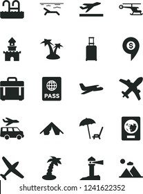 Solid Black Vector Icon Set - case vector, passport, coastal lighthouse, sand castle, helicopter, dollar pin, plane, rolling suitcase, departure, tent, beach, arnchair under umbrella, palm tree