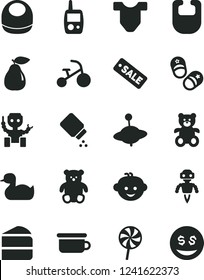 Solid Black Vector Icon Set - baby powder vector, bib, Child T shirt, rubber duck, toy mobile phone, children's potty, teddy bear, small, hairdo, yule, tricycle, shoes, piece of cake, lollipop, pear