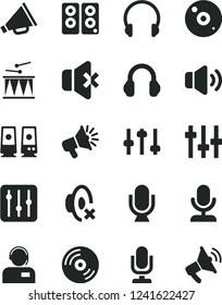 Solid Black Vector Icon Set - desktop microphone vector, horn, silent mode, drumroll, headphones, CD, regulator, volume, no sound, operator, loudspeaker, pc speaker, settings