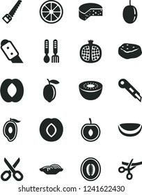 Solid Black Vector Icon Set - scissors vector, iron fork spoons, arm saw, knife, stationery, cheese, slices of onion, piece meat, half pomegranate, plum, mango, peach, melon, cherry, passion fruit