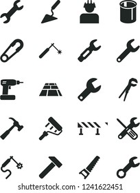 Solid Black Vector Icon Set - repair key vector, safety pin, building trowel, small tools, adjustable wrench, cordless drill, hand saw, paint roller, paving slab, road fence, hammer, with claw, gas