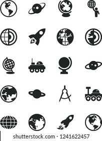 Solid Black Vector Icon Set - globe vector, planet, Earth, scribed compasses, space rocket, core, saturn, lunar rover, man hold world