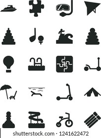 Solid Black Vector Icon Set - stacking rings vector, toy, child bicycle, Kick scooter, Puzzle, Puzzles, pawn, air balloon, hang glider, tent, beach, arnchair under umbrella, pool, aquapark, surfing