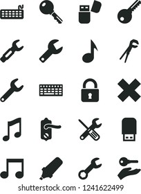 Solid Black Vector Icon Set - repair key vector, cross, small tools, adjustable wrench, door knob, lock, music, steel, text highlighter, keyboard, usb flash, note, arm with