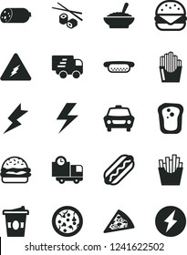 Solid Black Vector Icon Set - lightning vector, car, delivery, sausage, pizza, piece of, Hot Dog, mini, big burger, a bowl buckwheat porridge, French fries, fried potato slices, Chinese chopsticks